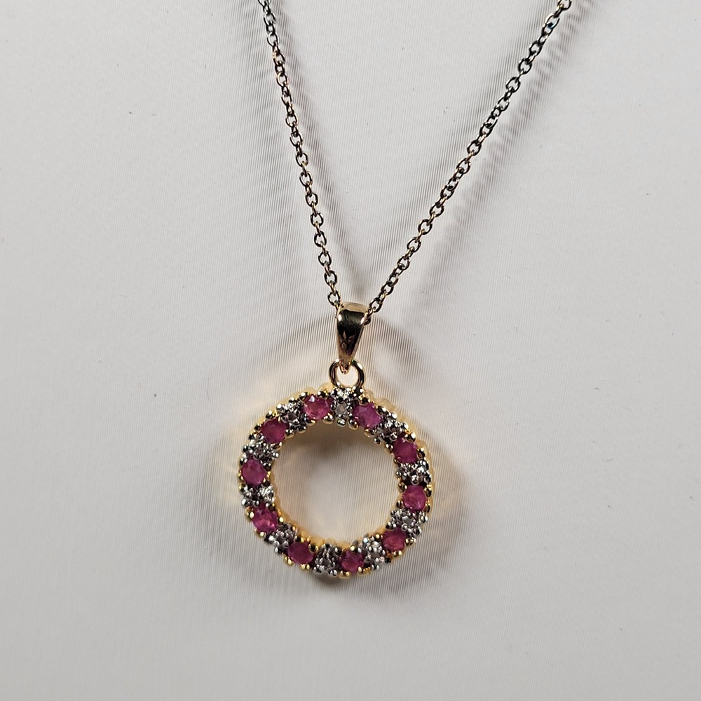 Sterling Silver Ruby Circle Pendant Necklace 18" Gold Vermeil 925 Pink TESTED